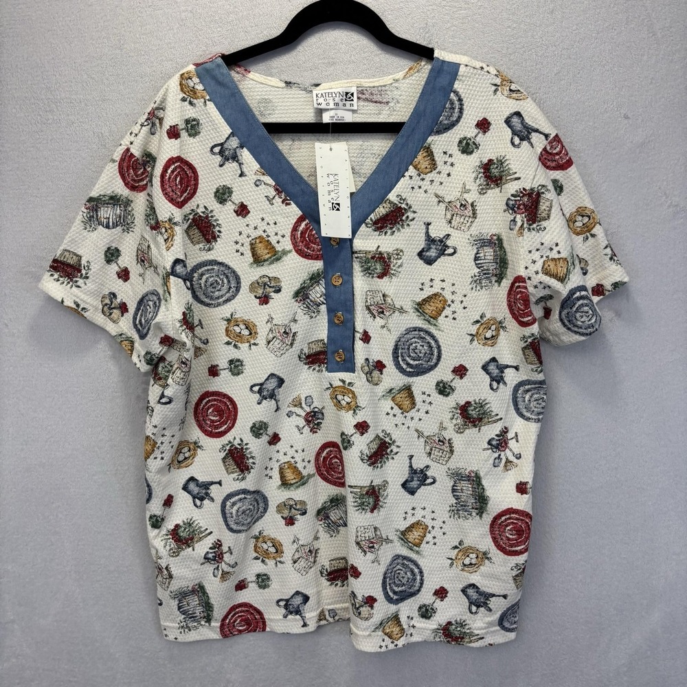 Vintage NWT Women's Garden Waffle Knit Henley T-Shirt 1X Denim Lined Cottagecore